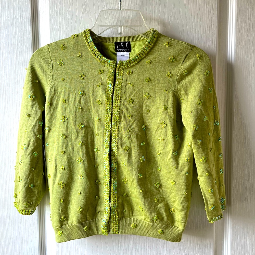 INC Petite y2k Green Sequinned Silk Cardigan